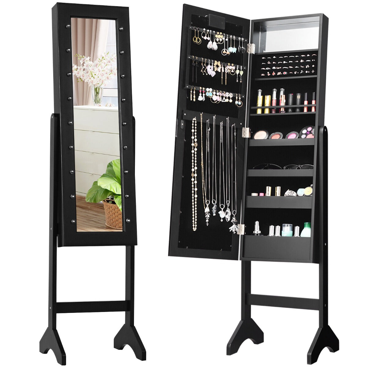 Standing Jewelry Armoire with 18 LED Lights and Mirror-Black