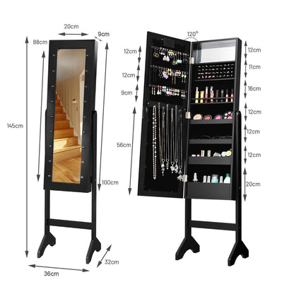 Standing Jewelry Armoire with 18 LED Lights and Mirror-Black