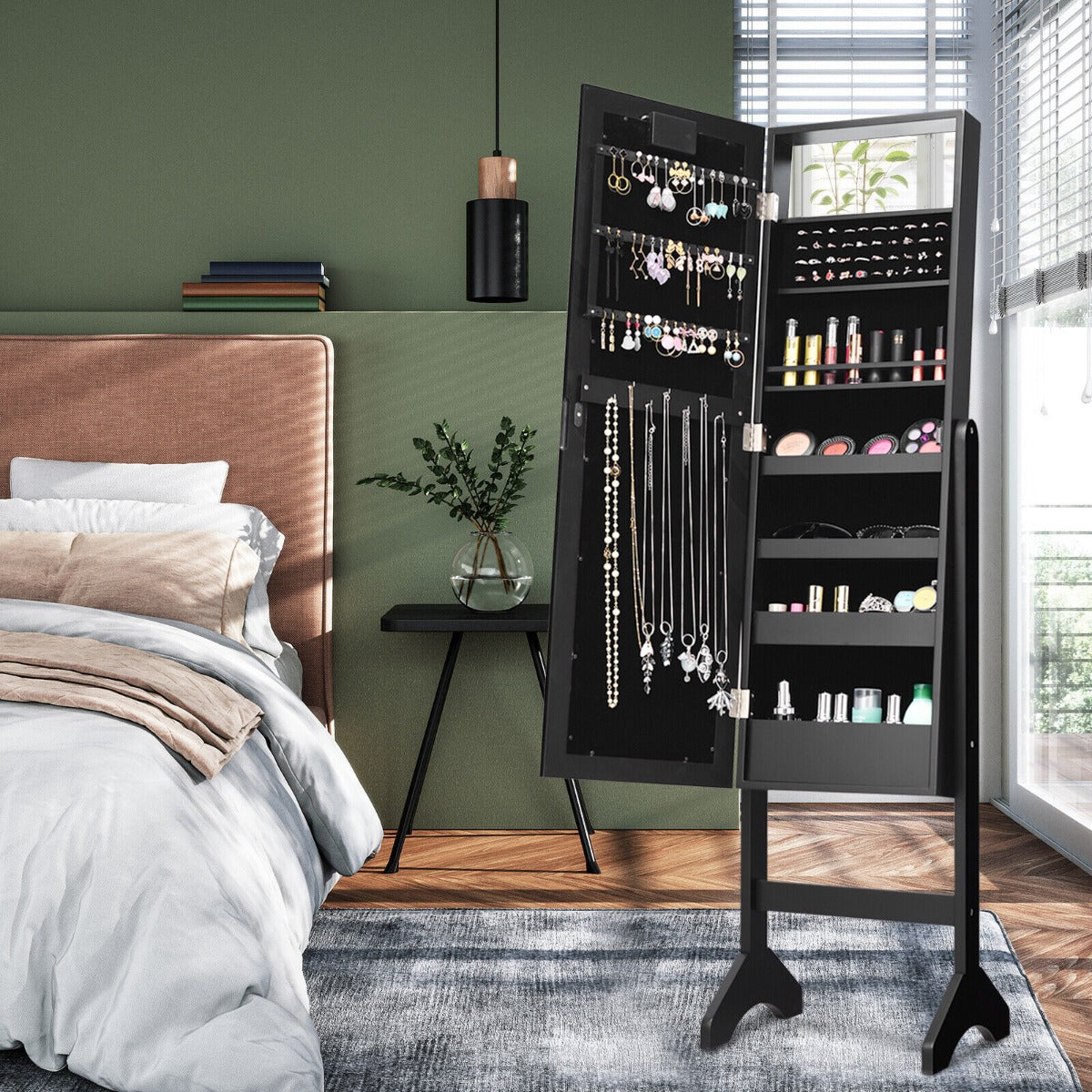 Standing Jewelry Armoire with 18 LED Lights and Mirror-Black