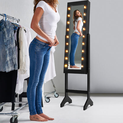 Standing Jewelry Armoire with 18 LED Lights and Mirror-Black