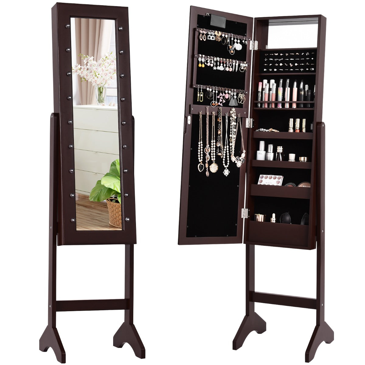 Standing Jewelry Armoire with 18 LED Lights and Mirror-Brown