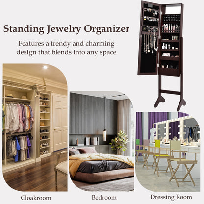 Standing Jewelry Armoire with 18 LED Lights and Mirror-Brown