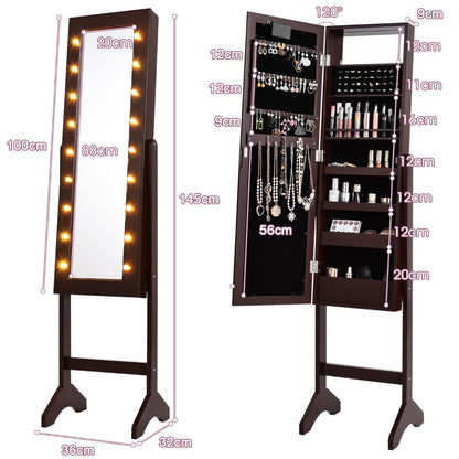 Standing Jewelry Armoire with 18 LED Lights and Mirror-Brown