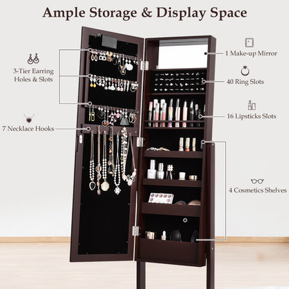 Standing Jewelry Armoire with 18 LED Lights and Mirror-Brown