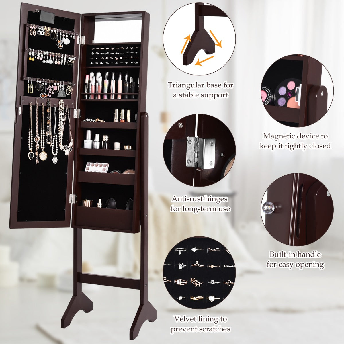 Standing Jewelry Armoire with 18 LED Lights and Mirror-Brown