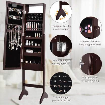 Standing Jewelry Armoire with 18 LED Lights and Mirror-Brown