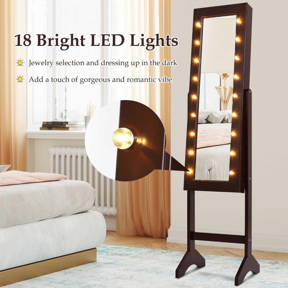 Standing Jewelry Armoire with 18 LED Lights and Mirror-Brown