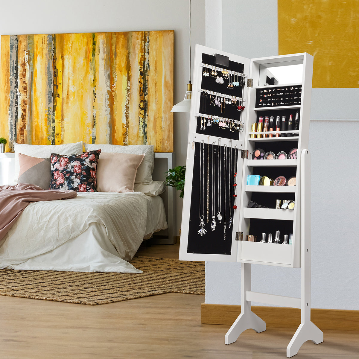 Lighted full-length mirror jewelry storage cabinet creates a warm and romantic bedroom ambiance