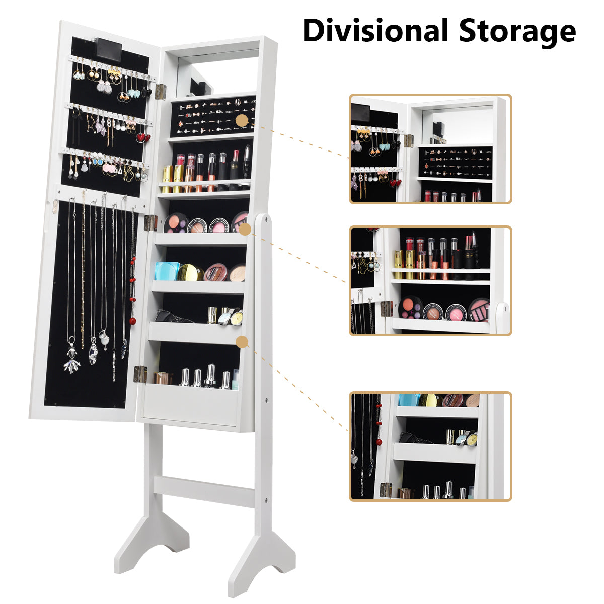 Easy-to-assemble mirrored jewelry organizer includes hardware and complete installation instructions