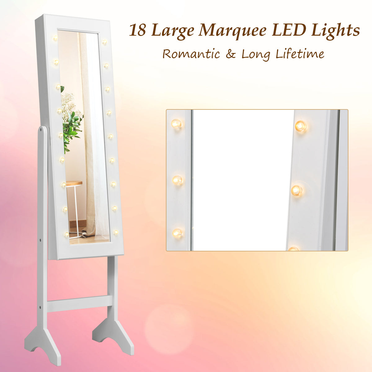 Full-size jewelry cabinet mirror provides a clear head-to-toe view for dressing and accessorizing