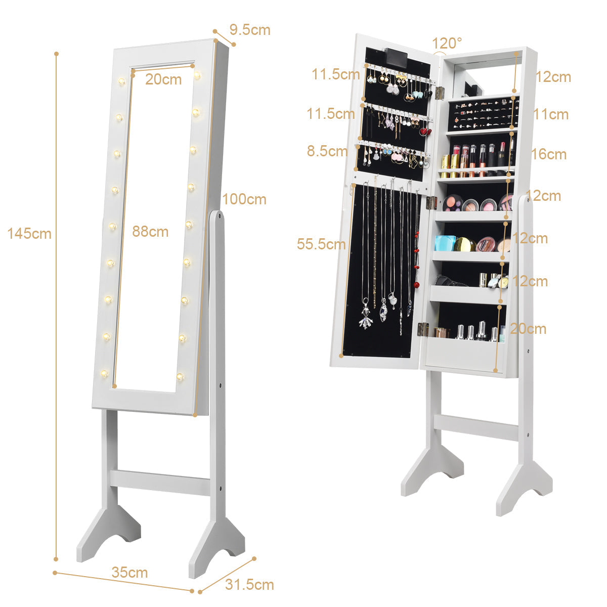 White mirrored jewelry cabinet with full-length mirror and 18 romantic LED lights