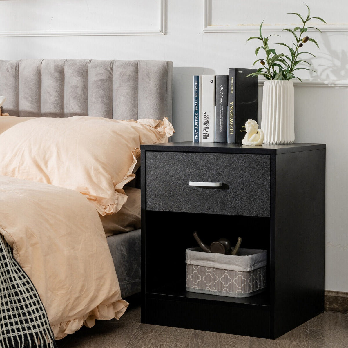 2-tier Wooden Bedside Table with Storage Drawer & Cabinet for Bedroom/Living Room/Office-Black