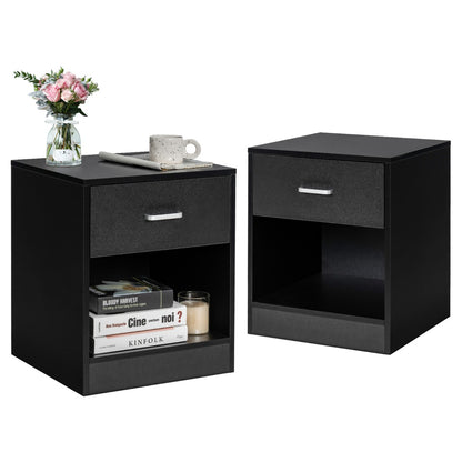 2-tier Wooden Bedside Table with Storage Drawer and Cabinet for Bedroom/Living Room/Office-Black-2 pieces