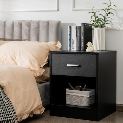 2-tier Wooden Bedside Table with Storage Drawer and Cabinet for Bedroom/Living Room/Office-Black-2 pieces
