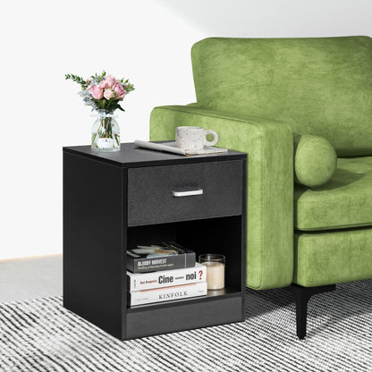 2-tier Wooden Bedside Table with Storage Drawer and Cabinet for Bedroom/Living Room/Office-Black-2 pieces