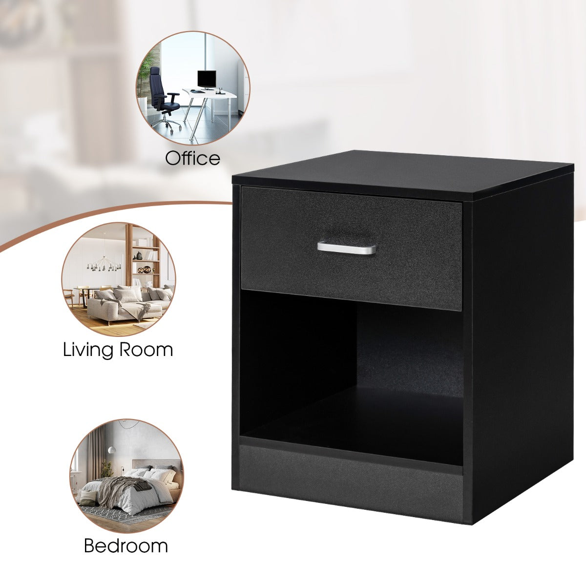 2-tier Wooden Bedside Table with Storage Drawer and Cabinet for Bedroom/Living Room/Office-Black-2 pieces