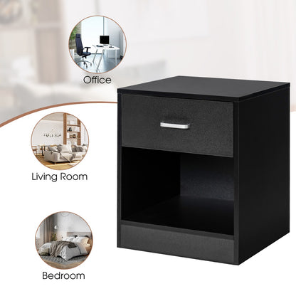2-tier Wooden Bedside Table with Storage Drawer and Cabinet for Bedroom/Living Room/Office-Black-2 pieces