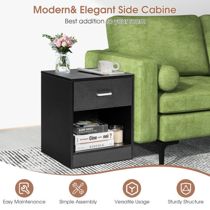 2-tier Wooden Bedside Table with Storage Drawer and Cabinet for Bedroom/Living Room/Office-Black-2 pieces