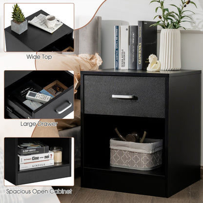 2-tier Wooden Bedside Table with Storage Drawer and Cabinet for Bedroom/Living Room/Office-Black-2 pieces