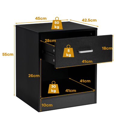 2-tier Wooden Bedside Table with Storage Drawer and Cabinet for Bedroom/Living Room/Office-Black-2 pieces