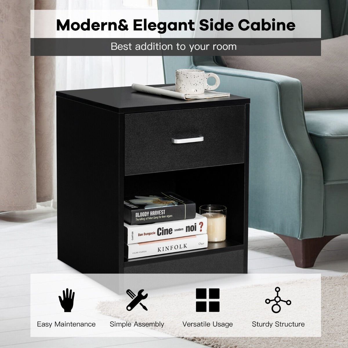 2-tier Wooden Bedside Table with Storage Drawer & Cabinet for Bedroom/Living Room/Office-Black