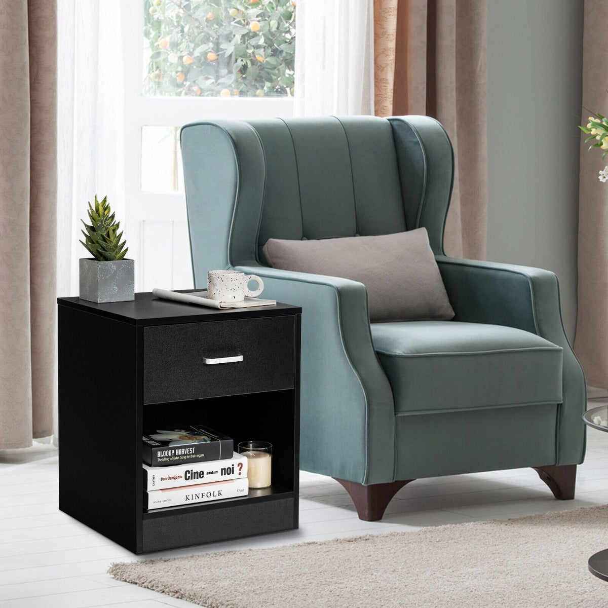 2-tier Wooden Bedside Table with Storage Drawer & Cabinet for Bedroom/Living Room/Office-Black