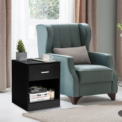 2-tier Wooden Bedside Table with Storage Drawer & Cabinet for Bedroom/Living Room/Office-Black