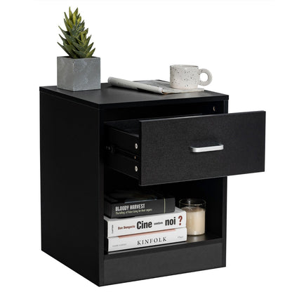 2-tier Wooden Bedside Table with Storage Drawer & Cabinet for Bedroom/Living Room/Office-Black