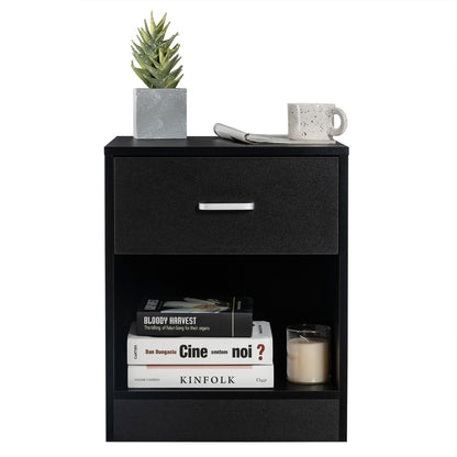 2-tier Wooden Bedside Table with Storage Drawer & Cabinet for Bedroom/Living Room/Office-Black