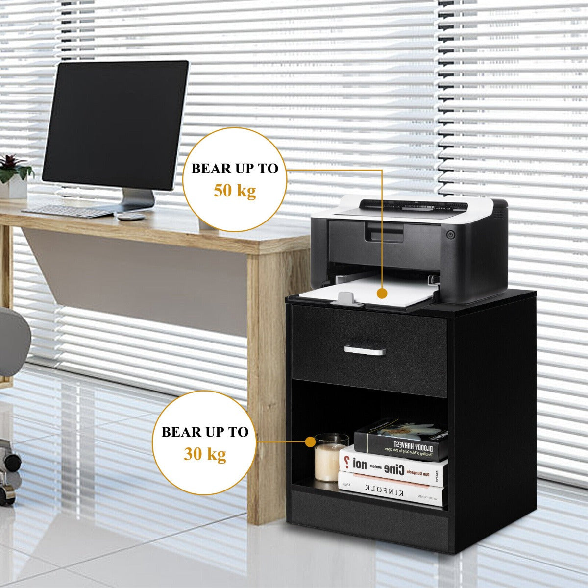 2-tier Wooden Bedside Table with Storage Drawer & Cabinet for Bedroom/Living Room/Office-Black