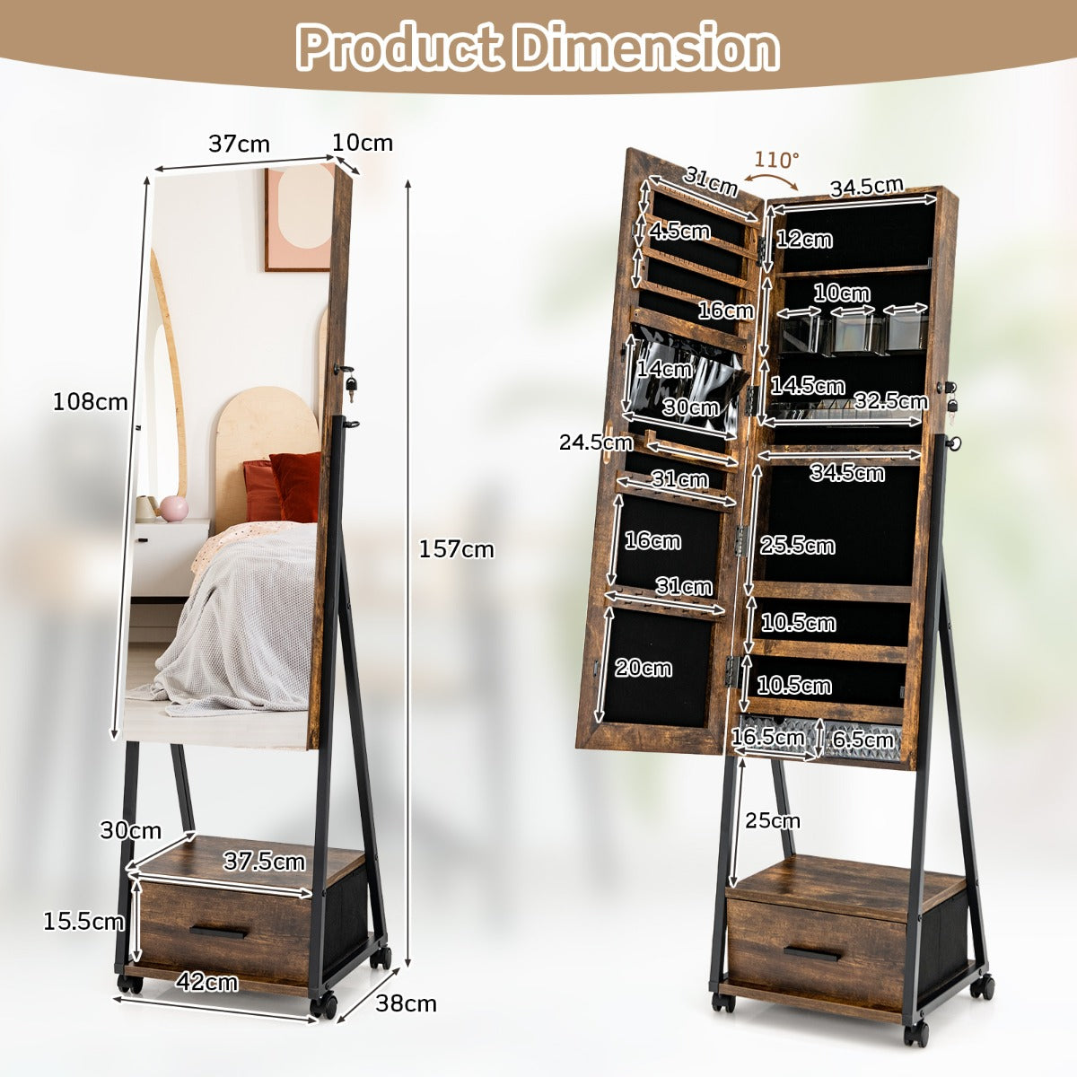 Mobile Standing Lockable Jewelry Cabinet with Full Length Mirror-Coffee