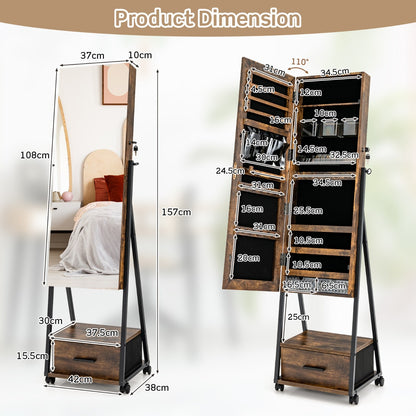 Mobile Standing Lockable Jewelry Cabinet with Full Length Mirror-Coffee