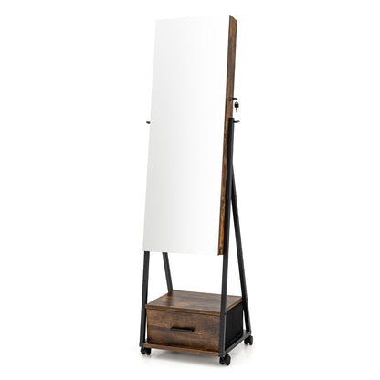 Mobile Standing Lockable Jewelry Cabinet with Full Length Mirror-Coffee