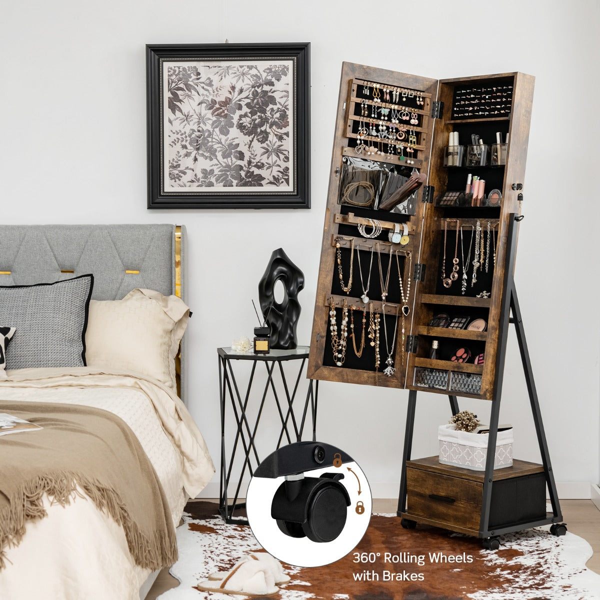 Mobile Standing Lockable Jewelry Cabinet with Full Length Mirror-Coffee