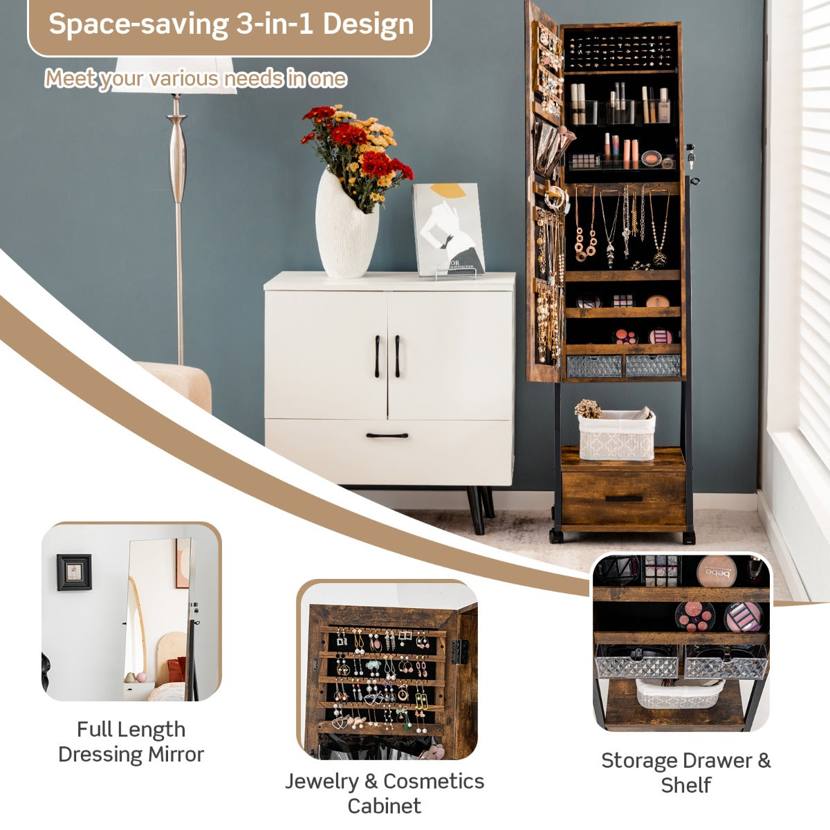 Mobile Standing Lockable Jewelry Cabinet with Full Length Mirror-Coffee