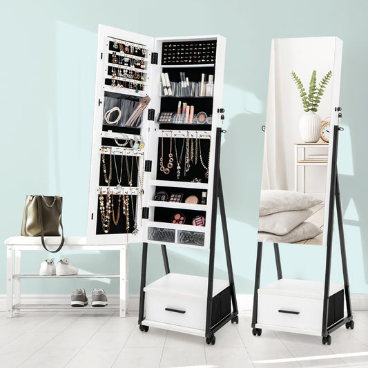 Costway Mobile Standing Lockable Jewelry Cabinet with Full Length Mirror-White