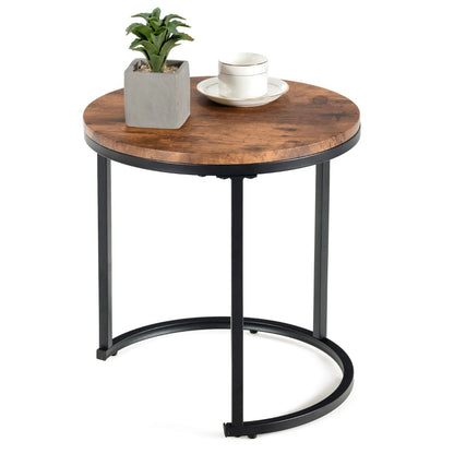 Set of 2 Round Nesting Coffee Table with Wooden Tabletop & Powder-coated Steel Frame for Living Room