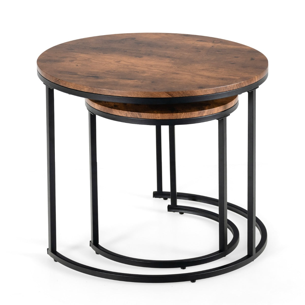 Set of 2 Round Nesting Coffee Table with Wooden Tabletop & Powder-coated Steel Frame for Living Room