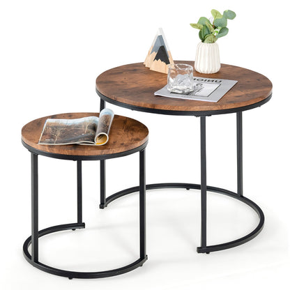 Set of 2 Round Nesting Coffee Table with Wooden Tabletop & Powder-coated Steel Frame for Living Room