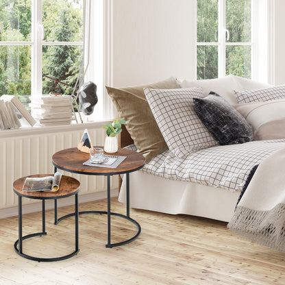 Set of 2 Round Nesting Coffee Table with Wooden Tabletop & Powder-coated Steel Frame for Living Room
