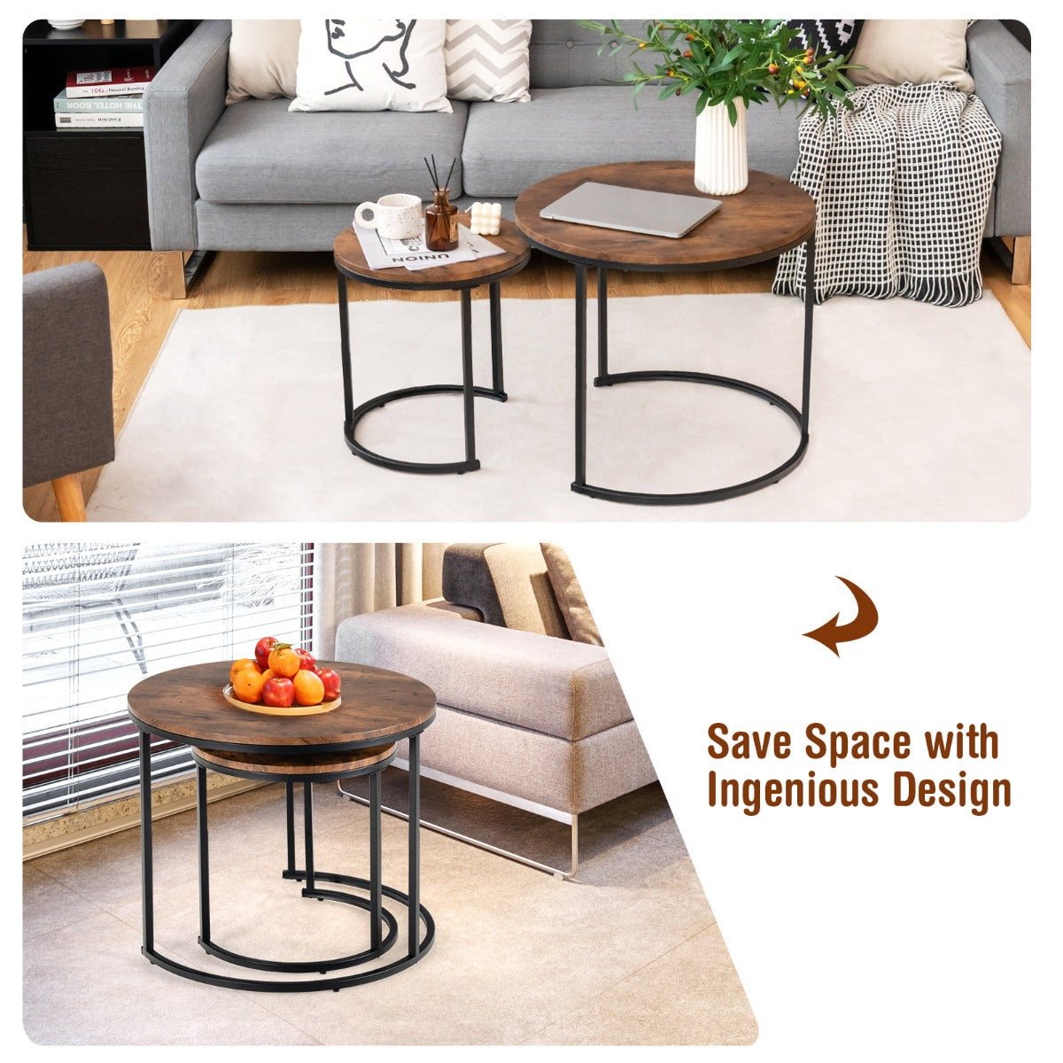 Set of 2 Round Nesting Coffee Table with Wooden Tabletop & Powder-coated Steel Frame for Living Room