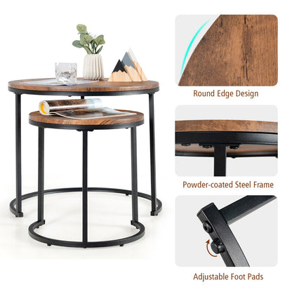Set of 2 Round Nesting Coffee Table with Wooden Tabletop & Powder-coated Steel Frame for Living Room
