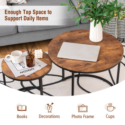 Set of 2 Round Nesting Coffee Table with Wooden Tabletop & Powder-coated Steel Frame for Living Room