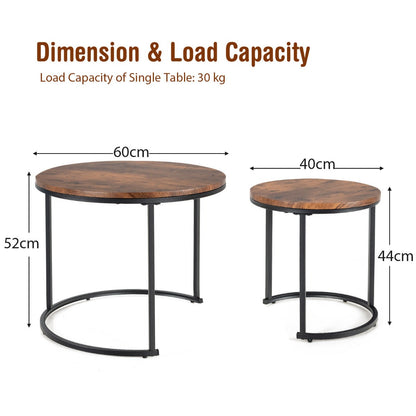 Set of 2 Round Nesting Coffee Table with Wooden Tabletop & Powder-coated Steel Frame for Living Room