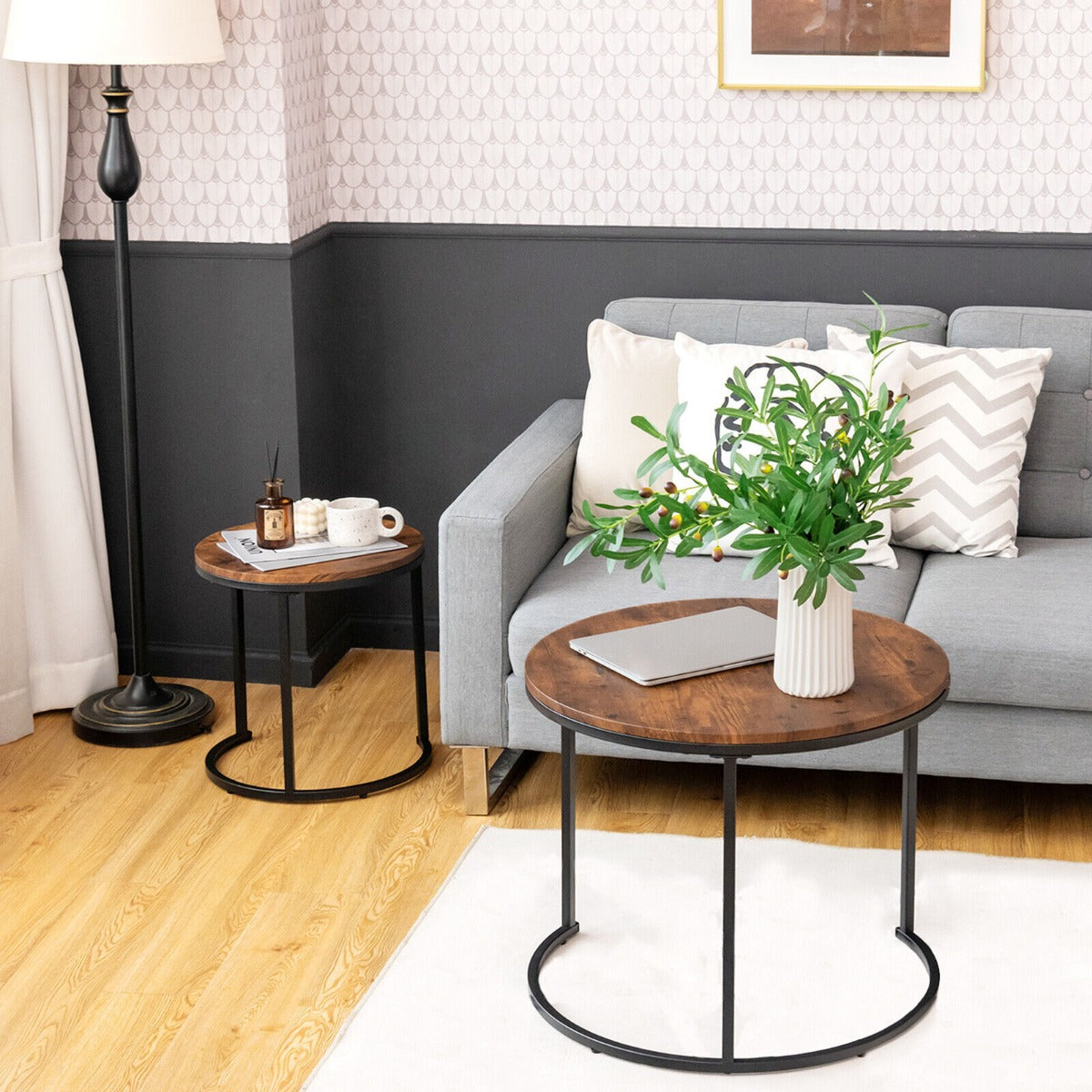 Set of 2 Round Nesting Coffee Table with Wooden Tabletop & Powder-coated Steel Frame for Living Room