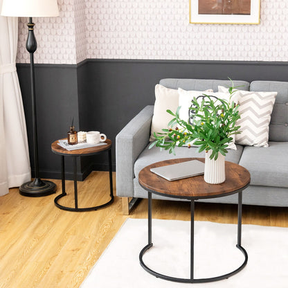 Set of 2 Round Nesting Coffee Table with Wooden Tabletop & Powder-coated Steel Frame for Living Room