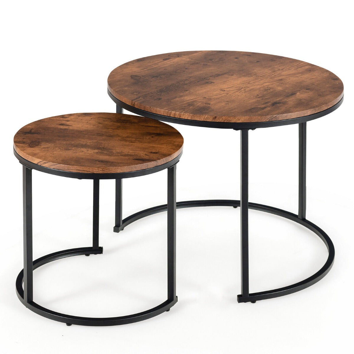 Set of 2 Round Nesting Coffee Table with Wooden Tabletop & Powder-coated Steel Frame for Living Room