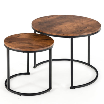 Set of 2 Round Nesting Coffee Table with Wooden Tabletop & Powder-coated Steel Frame for Living Room