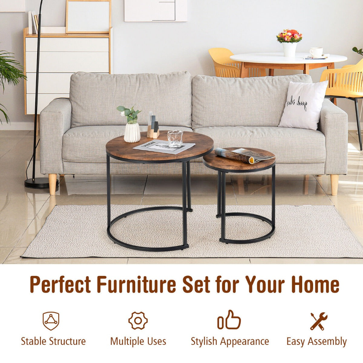 Set of 2 Round Nesting Coffee Table with Wooden Tabletop & Powder-coated Steel Frame for Living Room