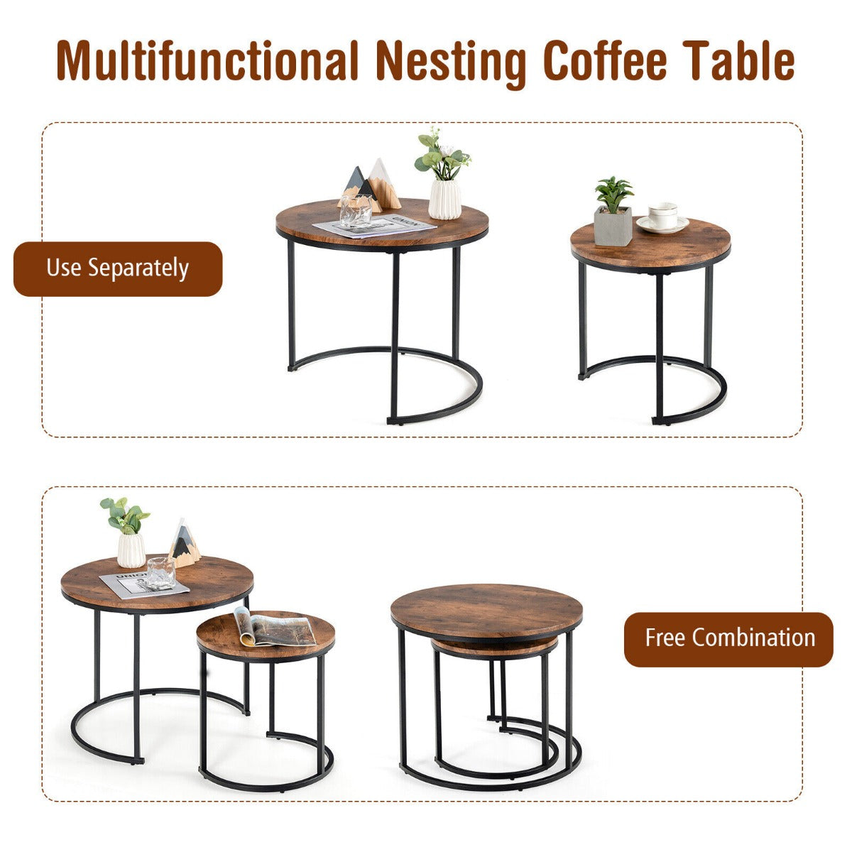Set of 2 Round Nesting Coffee Table with Wooden Tabletop & Powder-coated Steel Frame for Living Room